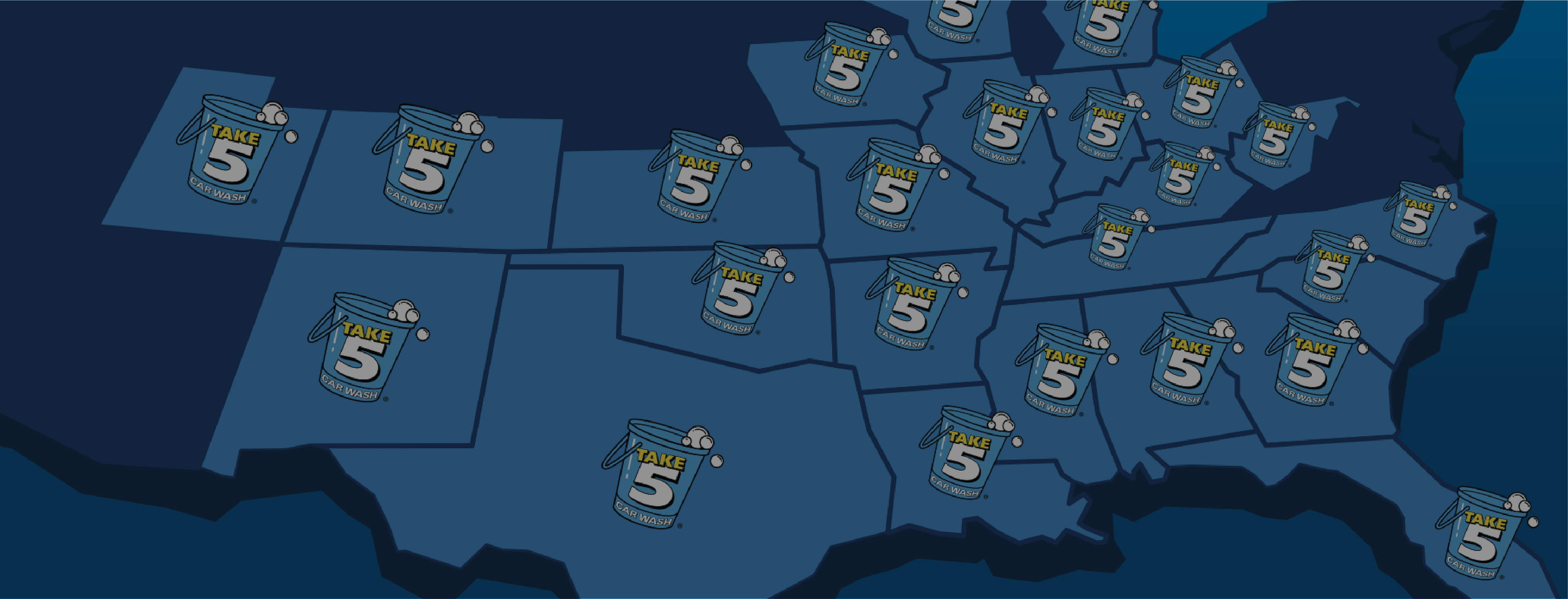 Map of U.S. with 'Take 5 Car Wash' logos in multiple states.